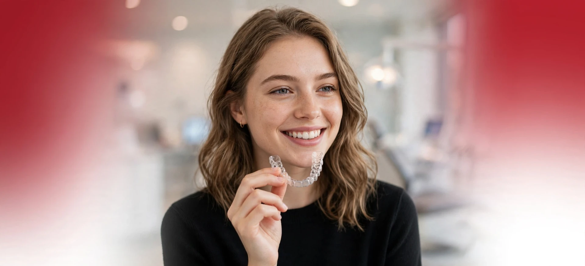 Paciente segurando alinhador transparente Invisalign na PROdent Curitiba